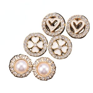 Mini faux pearl and rhinestone buttons with gold-tone detailing in heart and flower designs, small decorative shank buttons for shirts, cardigans and DIY sewing