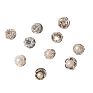 Assorted no-sew modesty buttons in pearl, flower, bow and bunny designs with gold-tone frames, pin-on buttons to prevent shirt and cardigan gaping