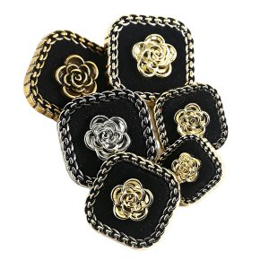Flocked rose buttons in gold, silver and antique gold with a metal rose on black velvet and a braided edge, shank back, metal buttons for coats and DIY sewing