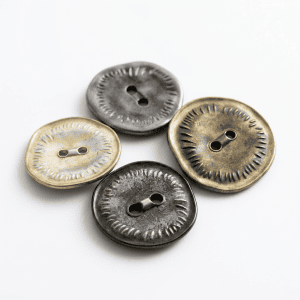 Vintage two hole buttons in antique bronze, two-tone silver and black silver stacked together with an irregular textured rim, metal sew-through buttons for coats and DIY sewing