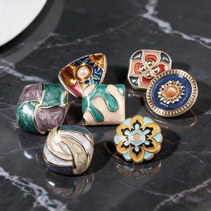 Assorted vintage enamel buttons in seven colors with gold-tone edging and a shank back, resin buttons for coats, knitwear and DIY sewing