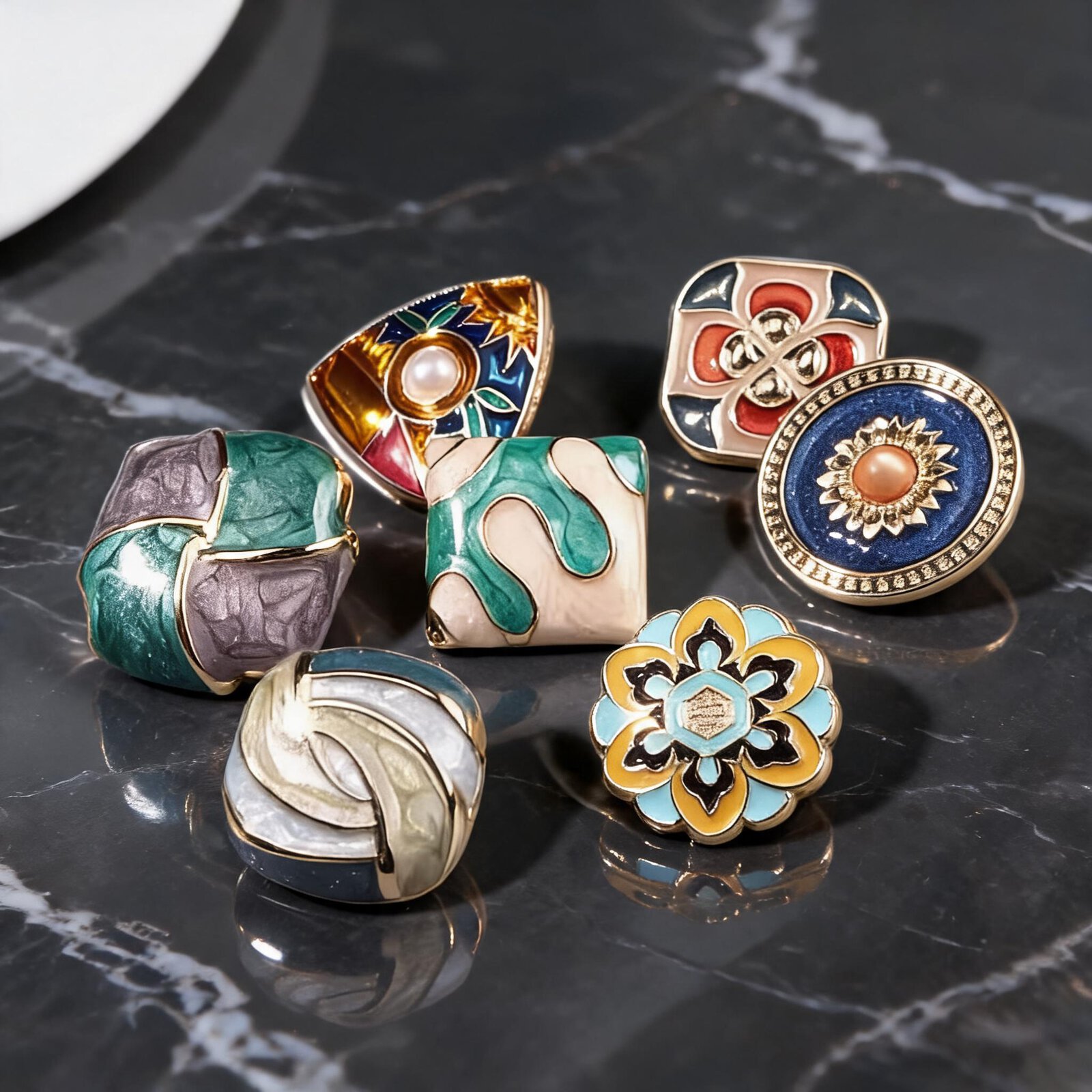 Assorted vintage enamel buttons in seven colors with gold-tone edging and a shank back, resin buttons for coats, knitwear and DIY sewing