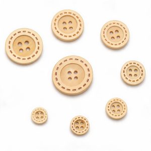 Assorted wooden buttons in three styles, wide rim, slim four-hole and dished two-hole, natural wood buttons for cardigans, knitting and DIY sewing
