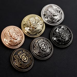 Lion crest buttons with a raised heraldic emblem and beaded metal rim, in gold, silver, gunmetal, sand gold, antique silver and bronze, for blazers and coats