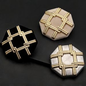 Black and coffee flocked tweed buttons with a velvet surface and gold rope lattice on an octagon shape, sew-on shank buttons for coats, blazers and DIY sewing