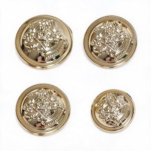 Gold blazer buttons with a raised heraldic emblem and beaded rim, four lightweight gold-tone sew-on buttons for blazers, coats and cardigans