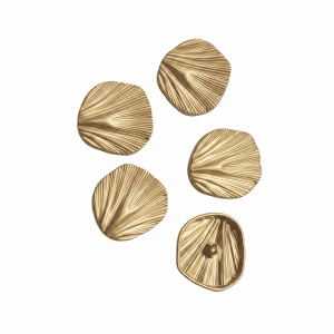 Ginkgo leaf buttons in matte gold with finely sculpted radiating pleats, fan-shaped metal sew-on buttons for coats and blazers