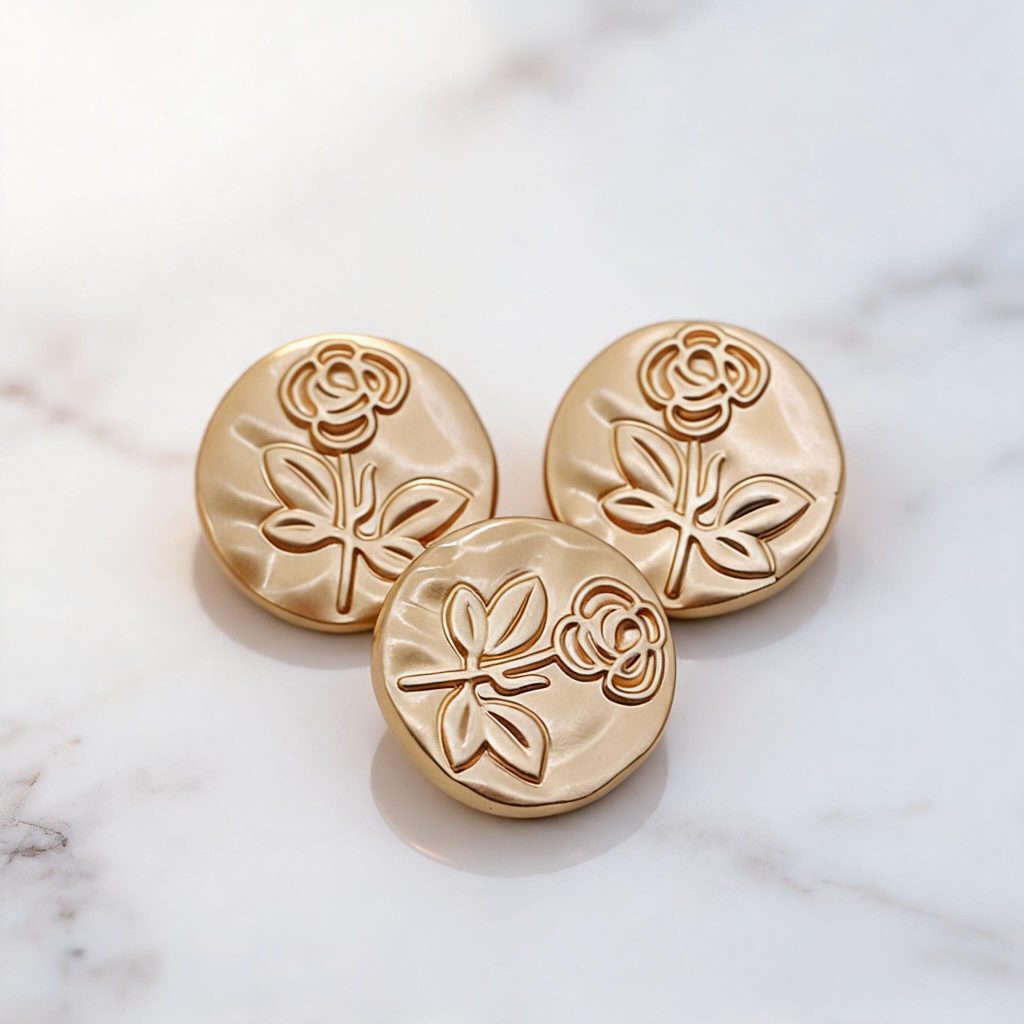 Gold-tone metal vintage rose buttons with an embossed single-rose design, floral buttons for coats, jackets and DIY sewing