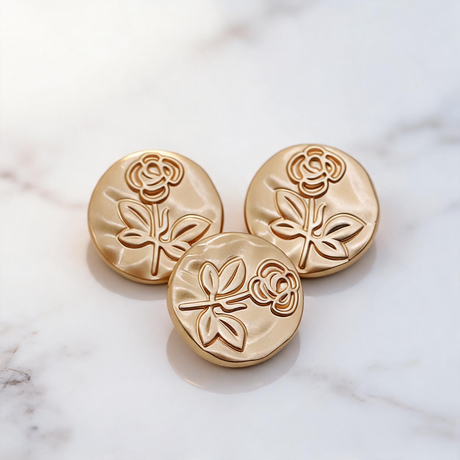 Gold-tone metal vintage rose buttons with an embossed single-rose design, floral buttons for coats, jackets and DIY sewing