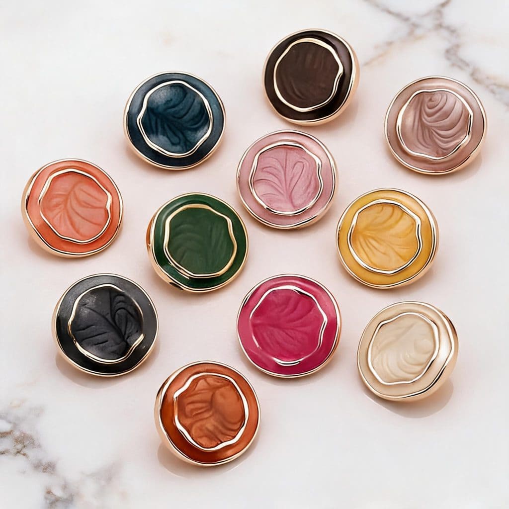 Vintage marbled buttons in eleven colors with a swirled enamel-look face and a gold-tone rim, round shank buttons for coats, jackets and DIY sewing