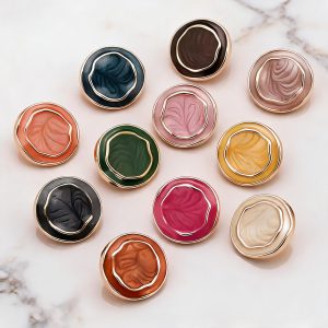 Vintage marbled buttons in eleven colors with a swirled enamel-look face and a gold-tone rim, round shank buttons for coats, jackets and DIY sewing