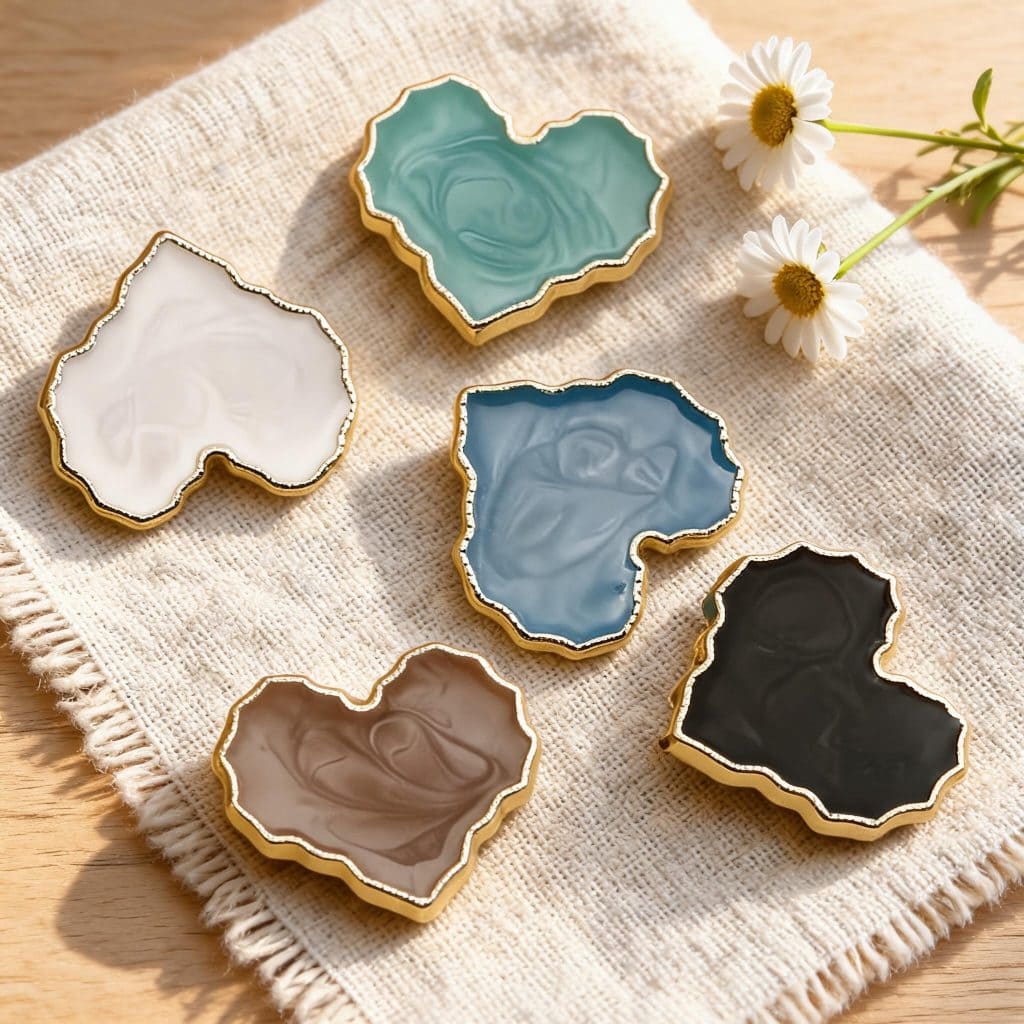 Vintage heart enamel buttons with a gold trim, marbled heart-shaped shank buttons in white, coffee, green, blue and black for cardigans and DIY sewing