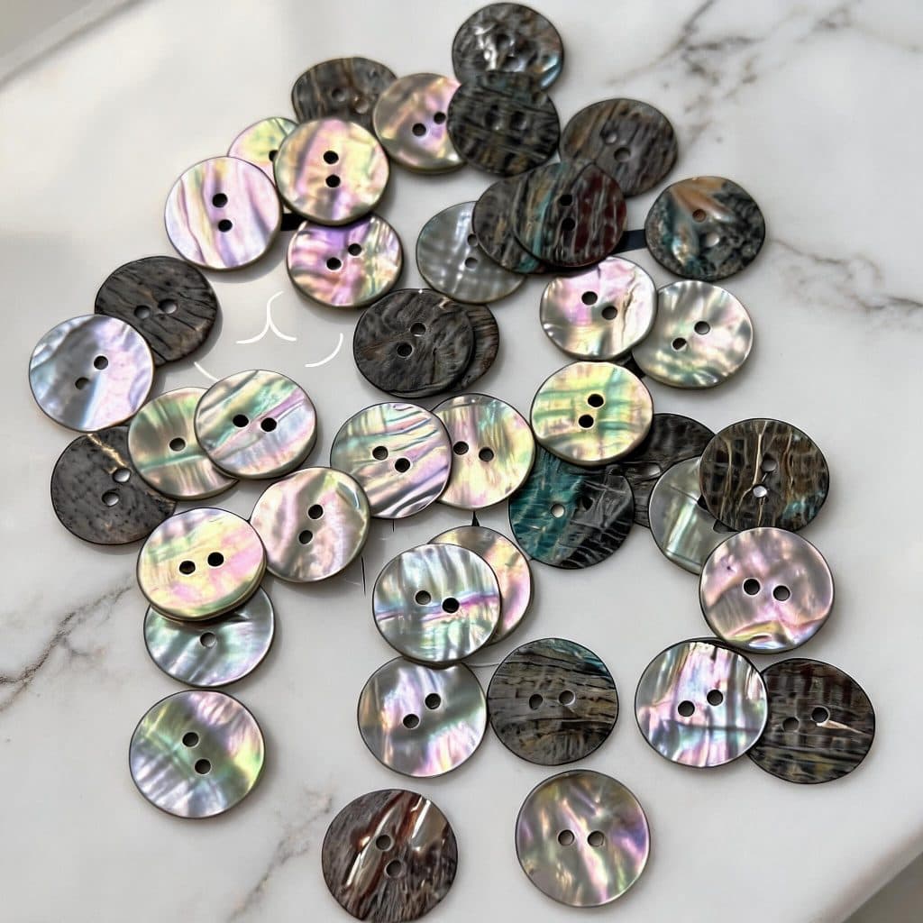 Abalone shell buttons in genuine iridescent shell with a 2-hole design, for coats, shirts, blouses and DIY sewing