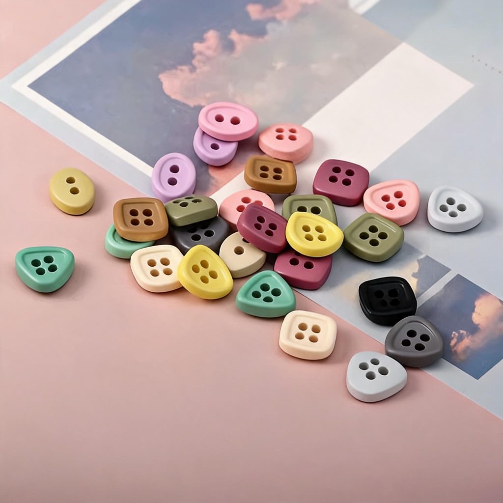 Colorful buttons in triangle, square and recessed-hole shapes, two-hole and four-hole resin sewing buttons in many colors, 11mm for knitwear and DIY crafts