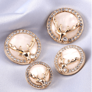 Gold deer-head rhinestone button with pink shell center and rhinestone halo, 18-25mm vintage shell button for coats, dresses and DIY sewing