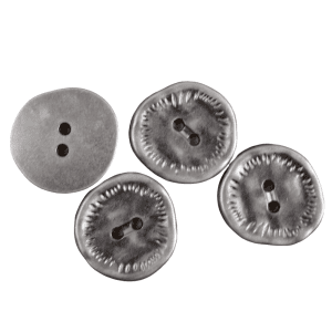 Two-tone silver two hole button with an irregular textured rim, vintage metal sew-through button for coats, sweaters and DIY sewing