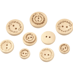 A cluster of natural wooden heart 2-hole buttons with a natural wood grain and two holes