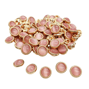 Pink cat eye button with a glowing cat's eye stone in a toothed gold-tone rim, 10mm shank button for cardigans, sweaters and coats