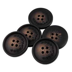 A cluster of dark brown resin leaf pattern buttons with an embossed leaf design