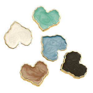 Heart enamel buttons with gold trim in brown, cream and teal, heart-shaped enamel buttons
