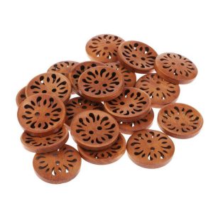 Wooden flower buttons carved from coffee-brown wood with a hollow daisy cutout, two-hole sew-through buttons for shirts, cardigans and DIY crafts