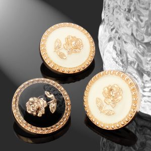 White and gold rose enamel metal buttons, white enamel face with a gold-tone rose design