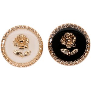 Black and white rose enamel metal buttons with a gold-tone rose design