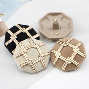 Flocked tweed buttons with a velvet surface and raised gold metal rope lattice, in vintage silver, beige grey, black and coffee, for coats and cardigans