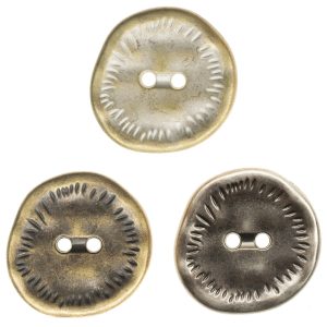Close-up of vintage two hole buttons in antique bronze, two-tone silver and antique pewter with a textured rim, metal sew-through buttons for jackets and sewing