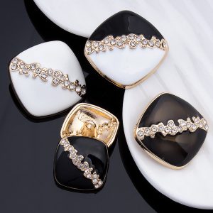 Rhinestone enamel buttons in black and white, square enamel buttons set with faceted rhinestones