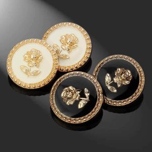 Rose enamel metal buttons with gold rose relief and beaded rim, black and white alloy buttons for coats, cardigans and crafts
