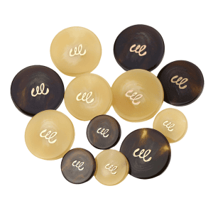 Resin monogram print buttons with cursive script design in coffee and ivory, 18-28mm buttons for coats, cardigans and DIY sewing
