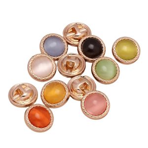 Assorted gold rim cat eye buttons with glowing cat's eye stones set in toothed gold-tone frames, 10mm shank buttons for cardigans, sweaters and coats