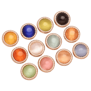 Assorted multicolor cat eye buttons with glowing cat's eye stones in toothed gold-tone rims, 10mm shank buttons for cardigans and sweaters