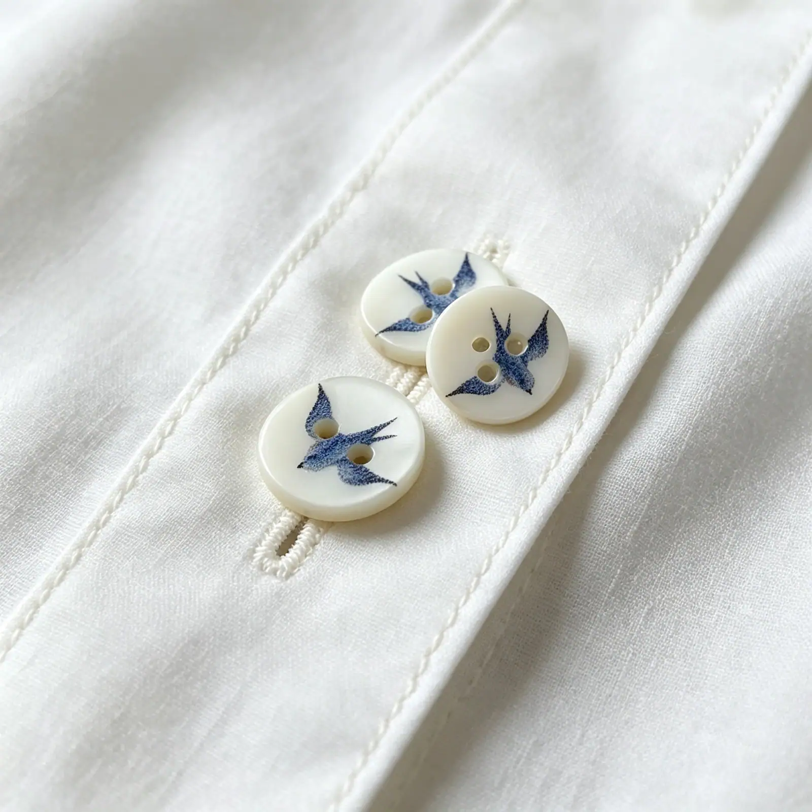 Three blue swallow shell buttons resting on the placket of a white cotton shirt