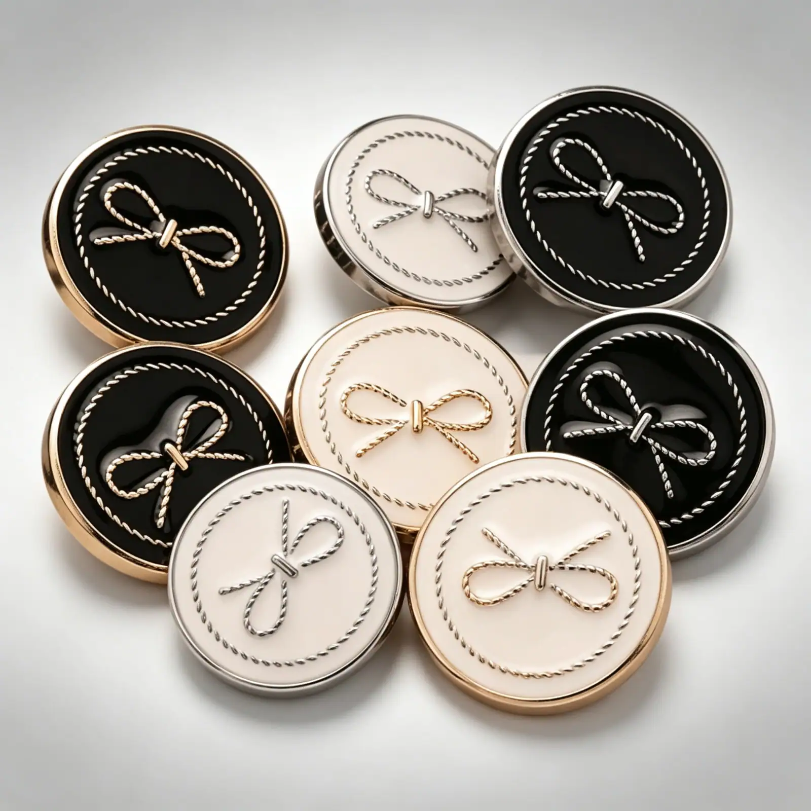 Bow enamel buttons on a pale grey background, showing the glossy enamel faces and twisted rope bow detail