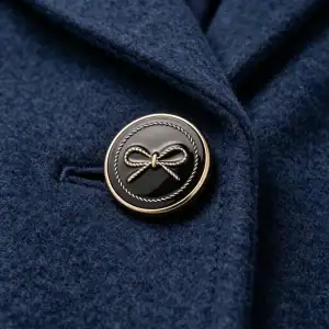 Black bow enamel button with a gold-tone metal frame sewn onto a navy wool coat