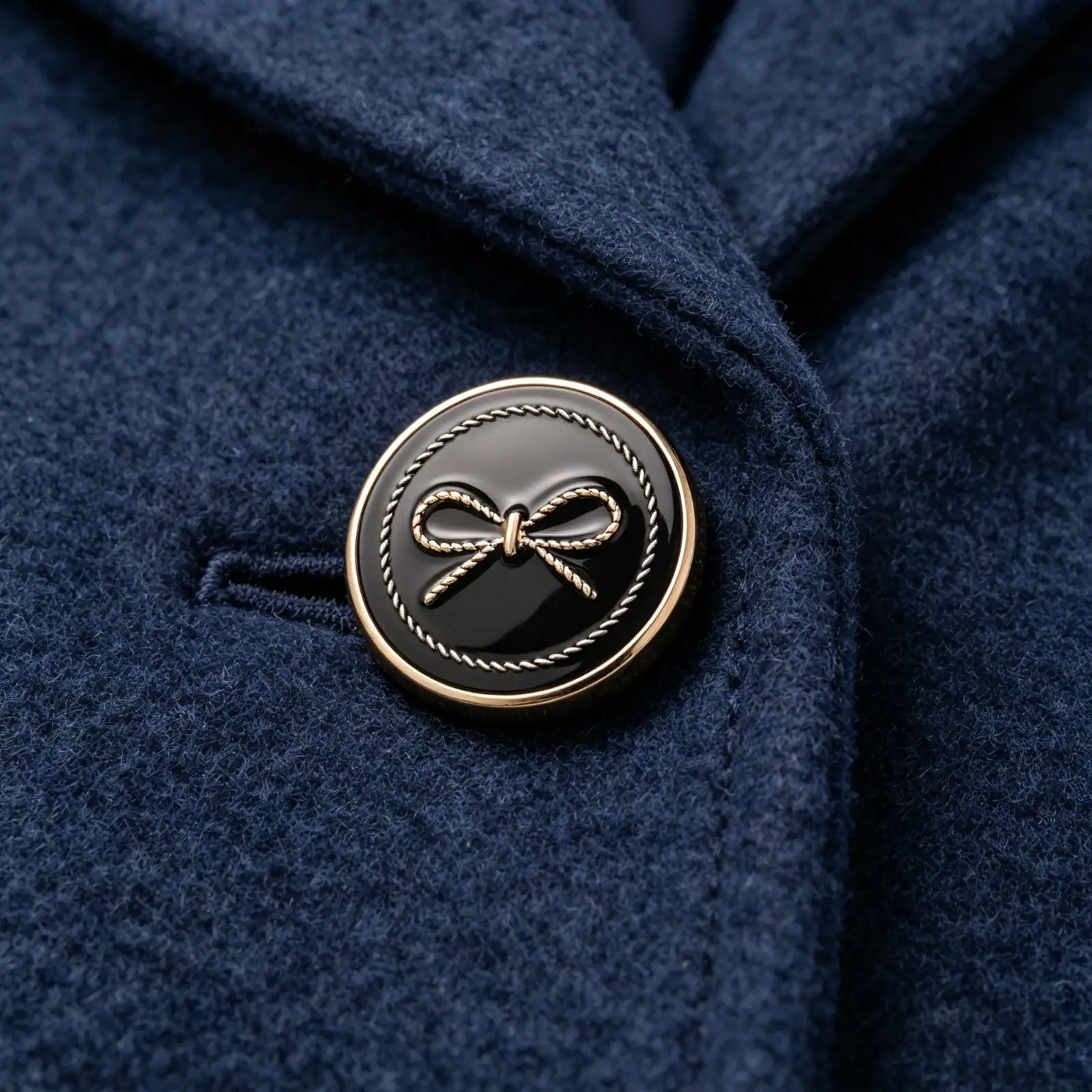 Black bow enamel button with a gold-tone metal frame sewn onto a navy wool coat