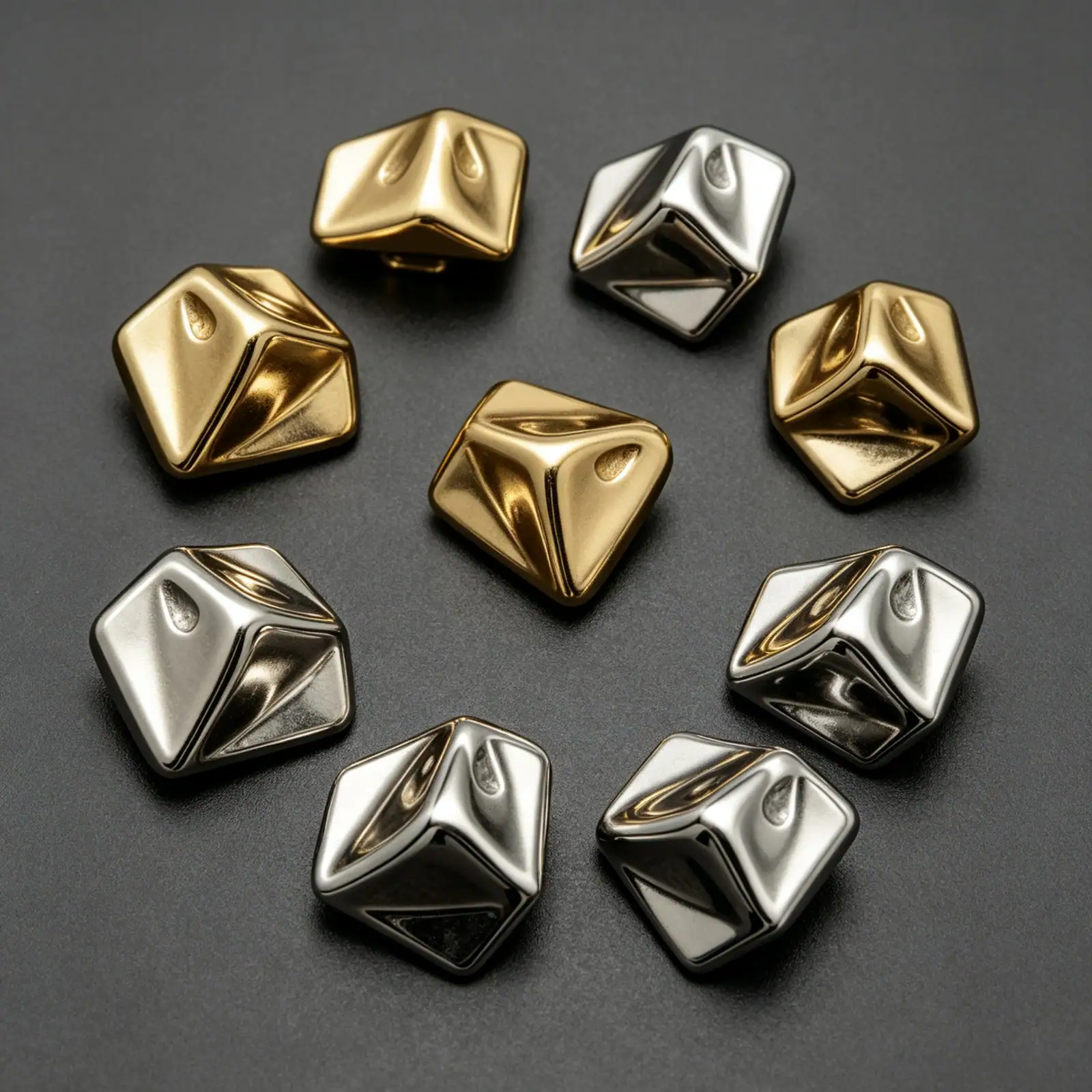 Cone metal buttons shown from several angles with the shank back visible