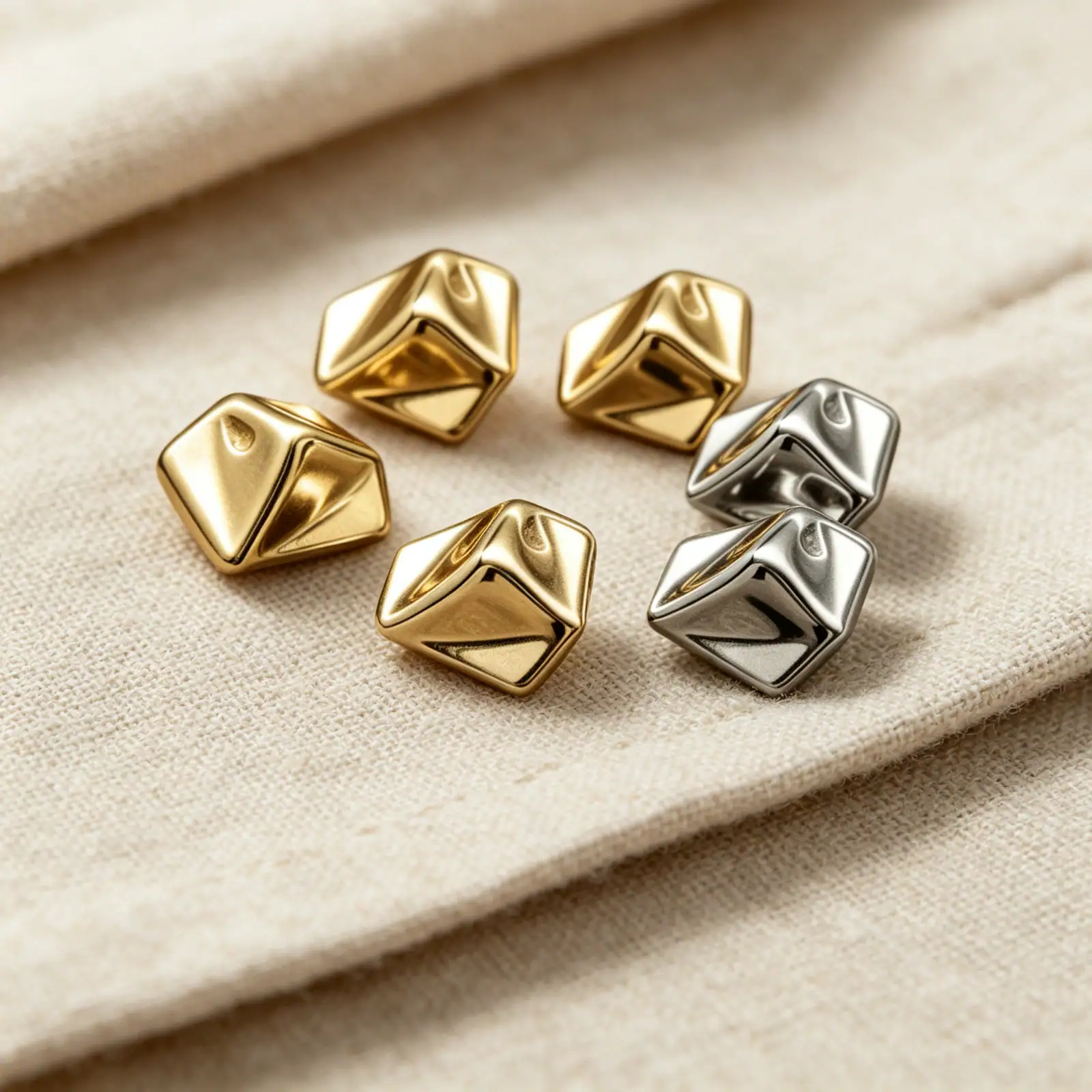 Cone metal buttons with shank back arranged on cream linen fabric