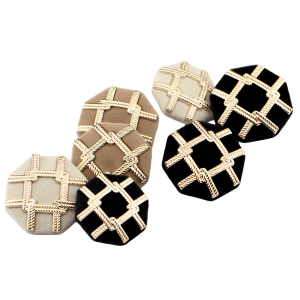 Flocked tweed buttons in vintage silver, beige grey and black with a velvet surface and gold rope lattice, octagon sew-on buttons for coats, cardigans and sweaters