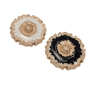 Black and white enamel sunflower buttons with a gold metal center and ornate frame, vintage shank buttons for blazers and knitwear