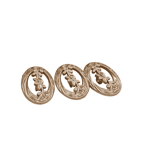 Laurel leaf buttons in vintage gold on a white background, openwork oval metal sew-on buttons with woven rims and leaf sprigs