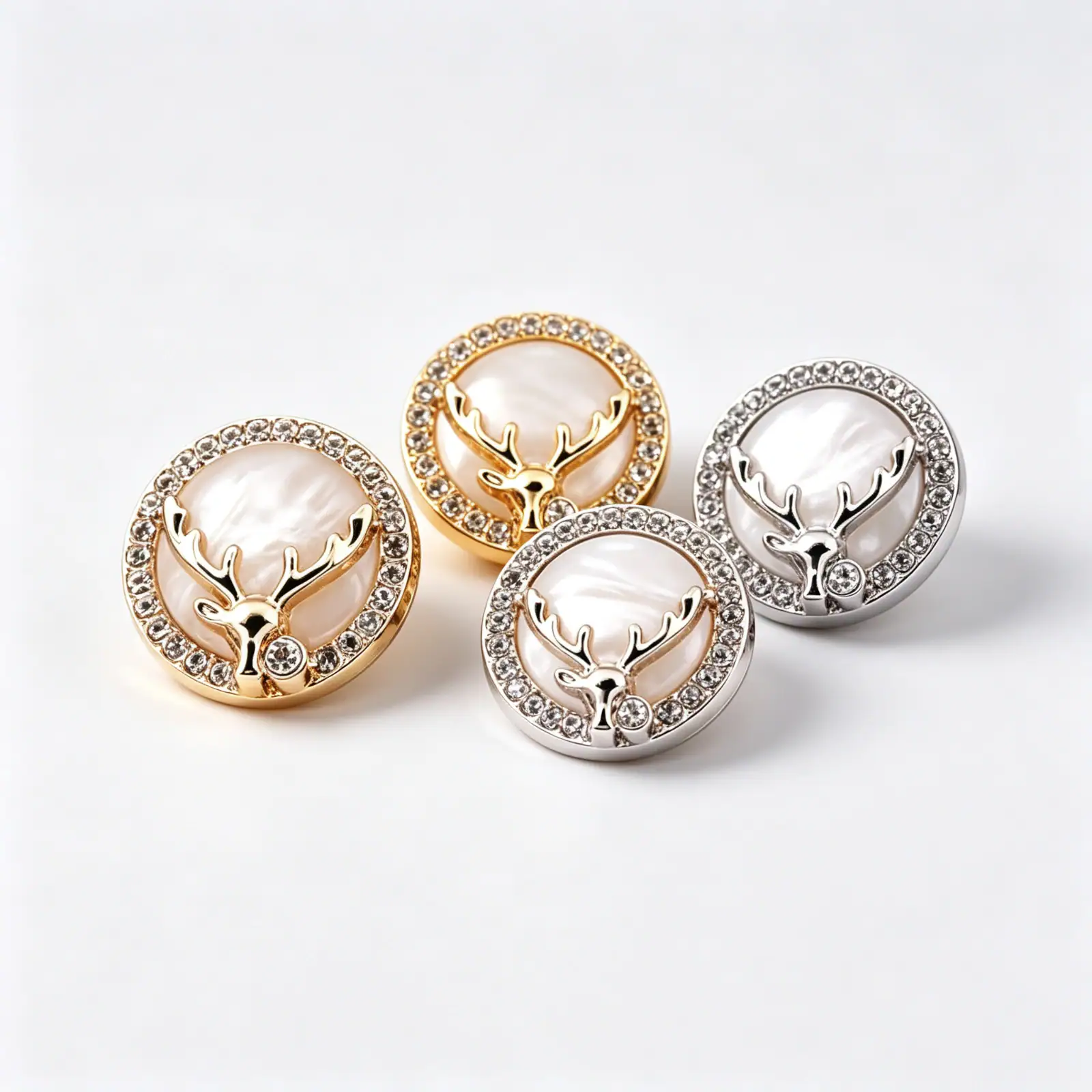 Four round deer head rhinestone metal buttons in gold-tone and silver-tone, each with a pearly centre, a deer head motif and a ring of clear rhinestones