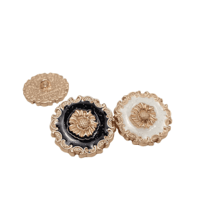 Black enamel sunflower button with a sculpted gold metal sunflower and baroque scrolled frame, shank button for coats and DIY sewing