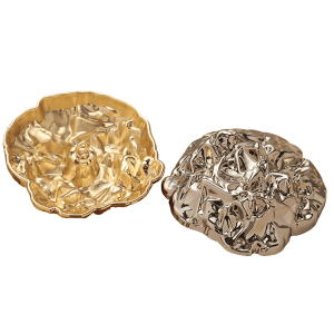 Gold and silver crushed-metal coat buttons in assorted sizes, textured shank buttons for coats, capes and blazers
