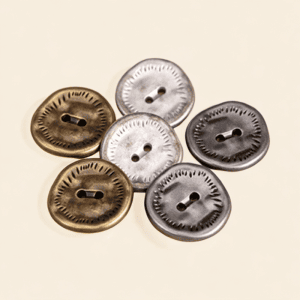 Vintage two hole buttons in antique bronze, two-tone silver, antique pewter and black silver with an irregular textured rim, for coats and DIY sewing