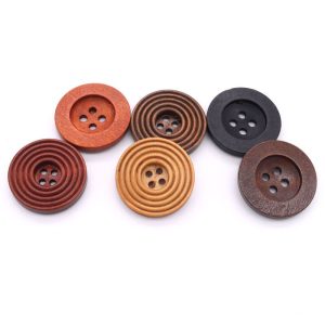 Spiral round wooden buttons in assorted brown wood tones, two-hole sew-through buttons with concentric grooved rings