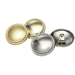 Domed coin button showing the beaded gold face and the shank back, metal shank button for coats, blazers and DIY sewing