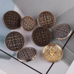 Vintage woven metal buttons with basketweave center and beaded rim, alloy sewing buttons for coats, cardigans and crafts
